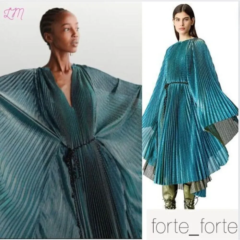 Forte Forte Kaftan Dress Pleated Lame Tulle Emerald Blue Metallic‎ Size 4 - Picture 6 of 16